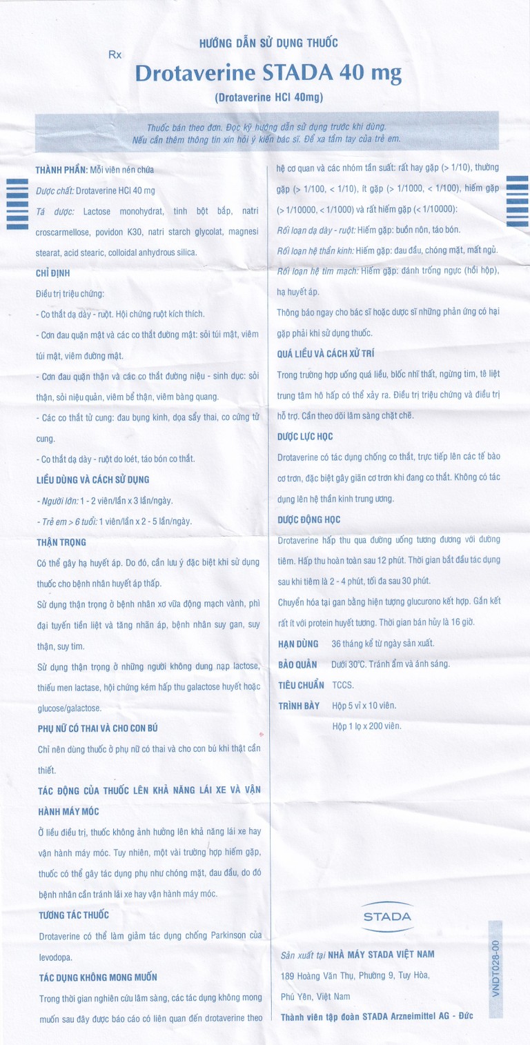 Thuốc Drotaverine Stada 40mg điều trị co thắt dạ dày, ruột, hội chứng ruột kích thích (5 vỉ x 10 viên)