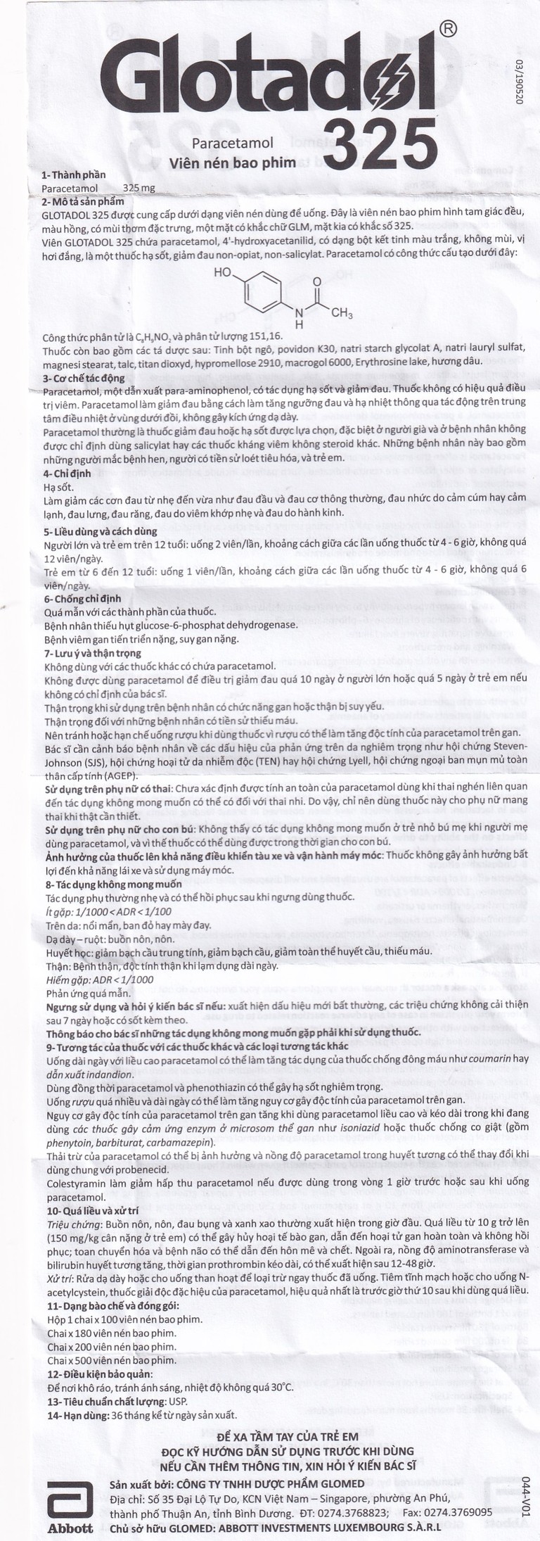 Thuốc Glotadol 325 Abbott hỗ trợ hạ sốt và giảm đau (200 viên)