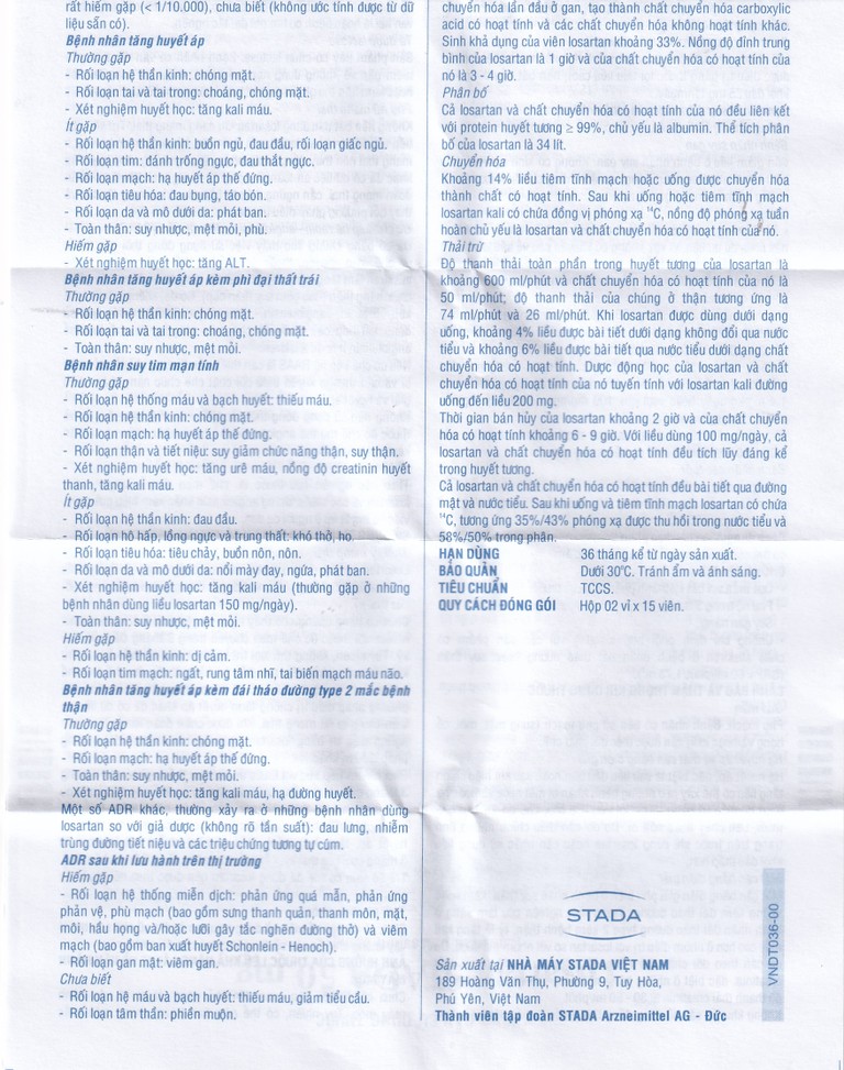 Viên nén Losartan Stada 50mg điều trị tăng huyết áp, giảm nguy cơ đột quỵ (2 vỉ x 15 viên)