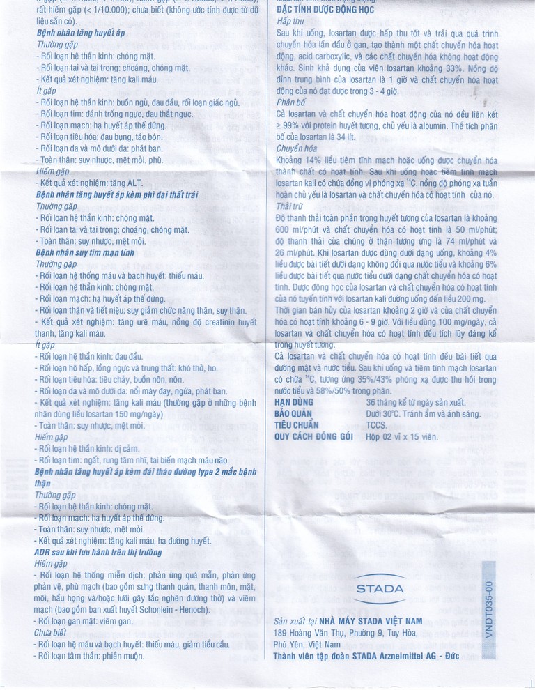 Viên nén Losartan Stada 25mg điều trị tăng huyết áp, giảm nguy cơ đột quỵ (2 vỉ x 15 viên)