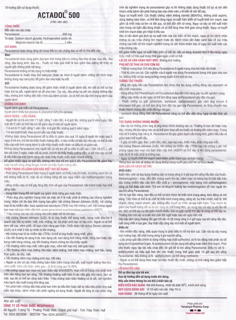 Thuốc Actadol 500 Medipharco điều trị các chứng đau và sốt từ nhẹ đến vừa (10 vỉ x 10 viên)