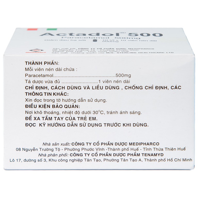 Thuốc Actadol 500 Medipharco điều trị các chứng đau và sốt từ nhẹ đến vừa (10 vỉ x 10 viên)
