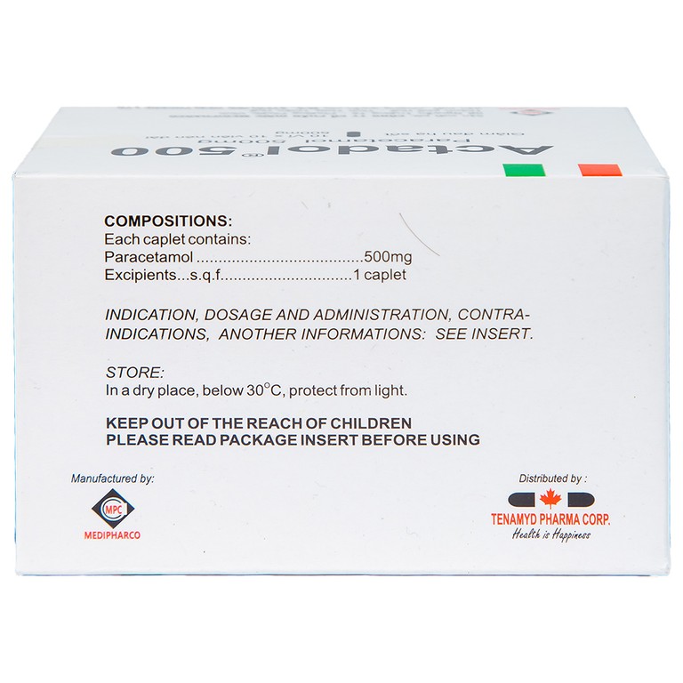 Thuốc Actadol 500 Medipharco điều trị các chứng đau và sốt từ nhẹ đến vừa (10 vỉ x 10 viên)