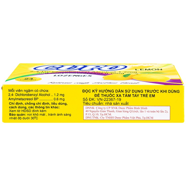 Viên ngậm Cufo vị chanh hỗ trợ điều trị triệu chứng trong nhiễm khuẩn miệng và họng (2 vỉ x 12 viên)
