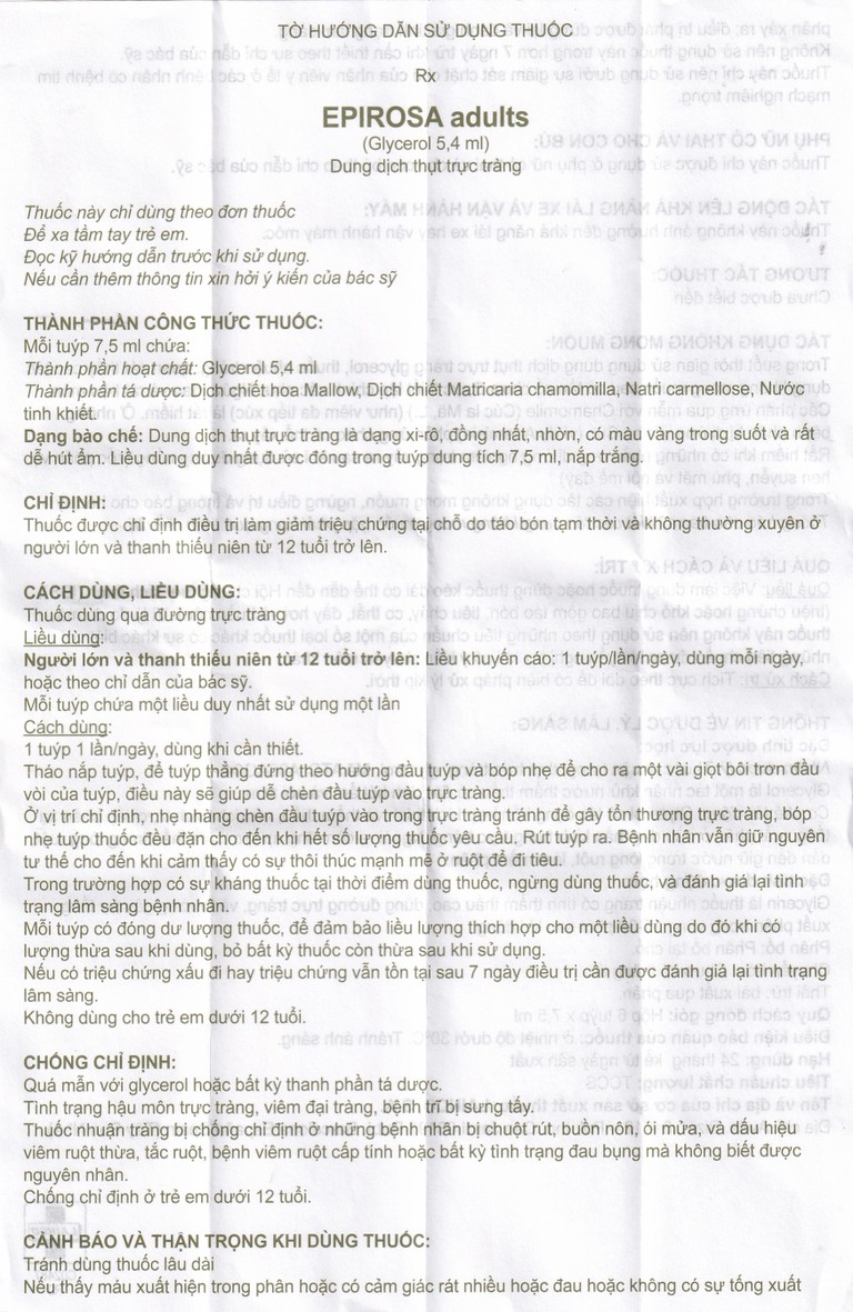 Dung dịch thụt trực tràng Epirosa Adults Lainco giảm triệu chứng táo bón (6 tuýp x 7.5ml)