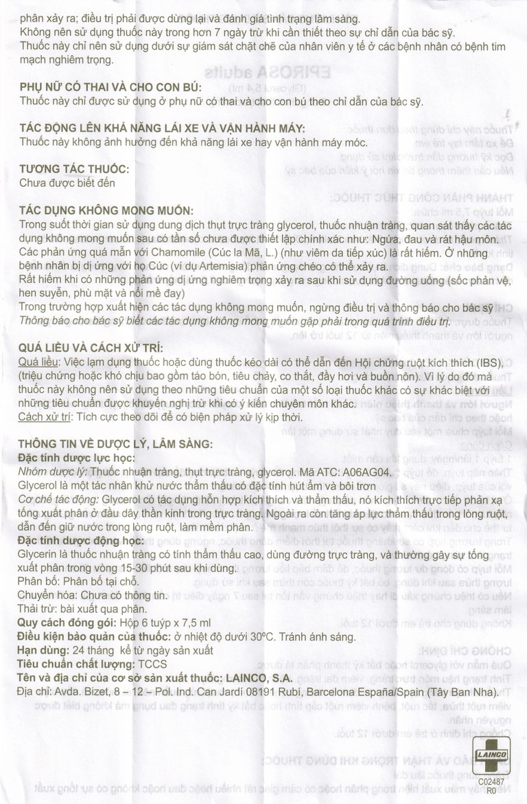 Dung dịch thụt trực tràng Epirosa Adults Lainco giảm triệu chứng táo bón (6 tuýp x 7.5ml)