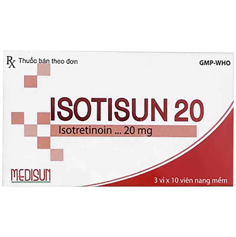 Thuốc Isotisun 20 Medisun điều trị các dạng mụn trứng cá nặng, mụn trứng cá dạng nang bọc (3 vỉ x 10 viên)