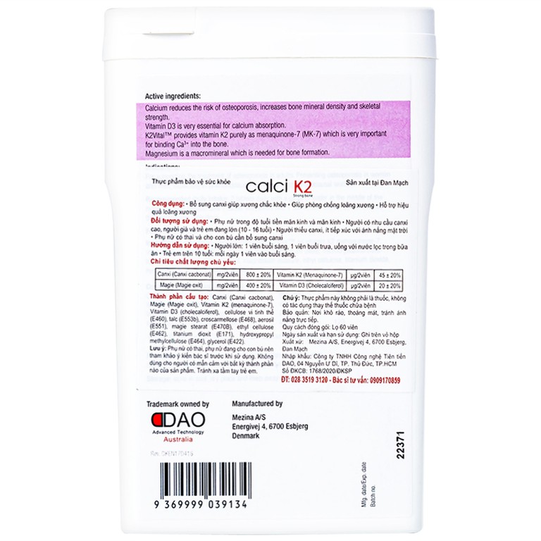 Viên uống Calci K2 Dao Nordic Health bổ sung canxi, chống loãng xương (60 viên)