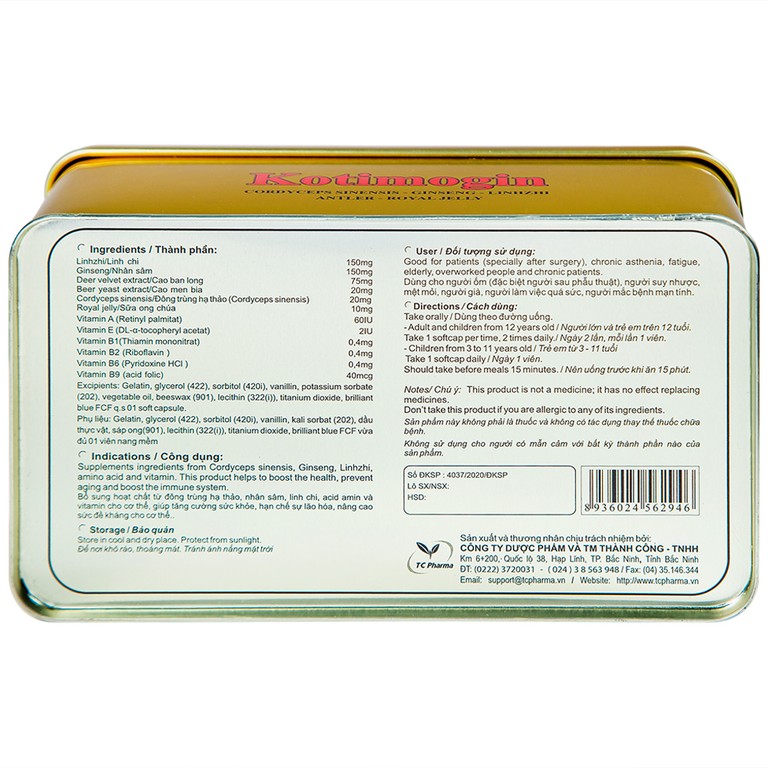 Viên uống Sâm - Đông Trùng Hạ Thảo Kotimogin tăng cường sức khỏe (20 vỉ x 3 viên)