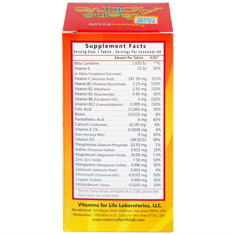 Viên uống Teens Active Vitamins For Life bổ sung vitamin và khoáng chất cho thanh thiếu niên (60 viên)