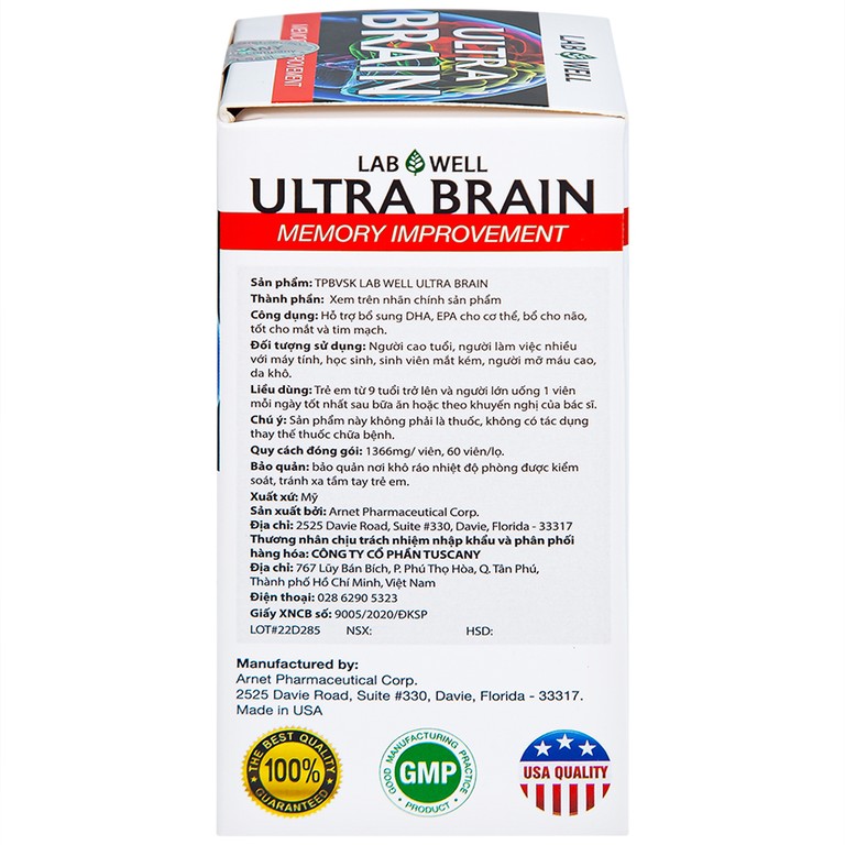 Viên uống Ultra Brain Lab Well hỗ trợ bổ sung DHA, EPA cho cơ thể (60 viên)
