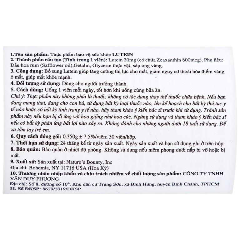 Viên uống Lutein Nature's Bounty giúp tăng cường thị lực cho mắt (30 viên)