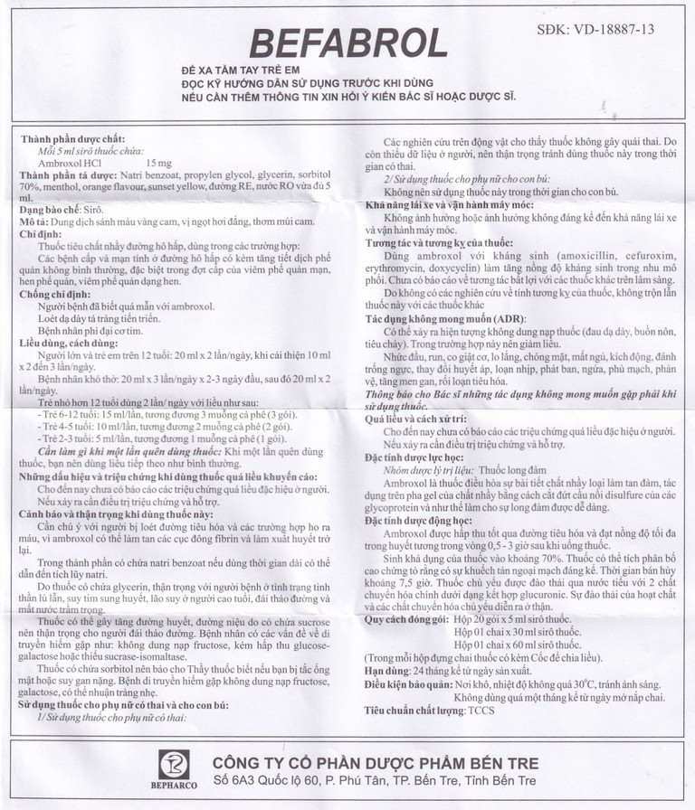 Siro Befabrol 15mg Bepharco tiêu chất nhầy đường hô hấp (20 gói x 5ml)