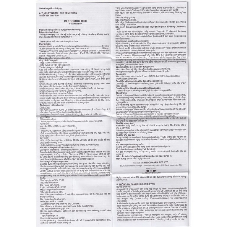 Thuốc Cledomox 1000 Tenamyd điều trị các trường hợp nhiễm khuẩn (2 vỉ x 7 viên)