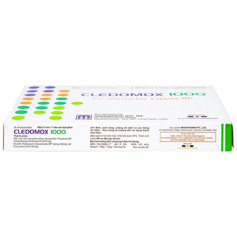 Thuốc Cledomox 1000 Tenamyd điều trị các trường hợp nhiễm khuẩn (2 vỉ x 7 viên)