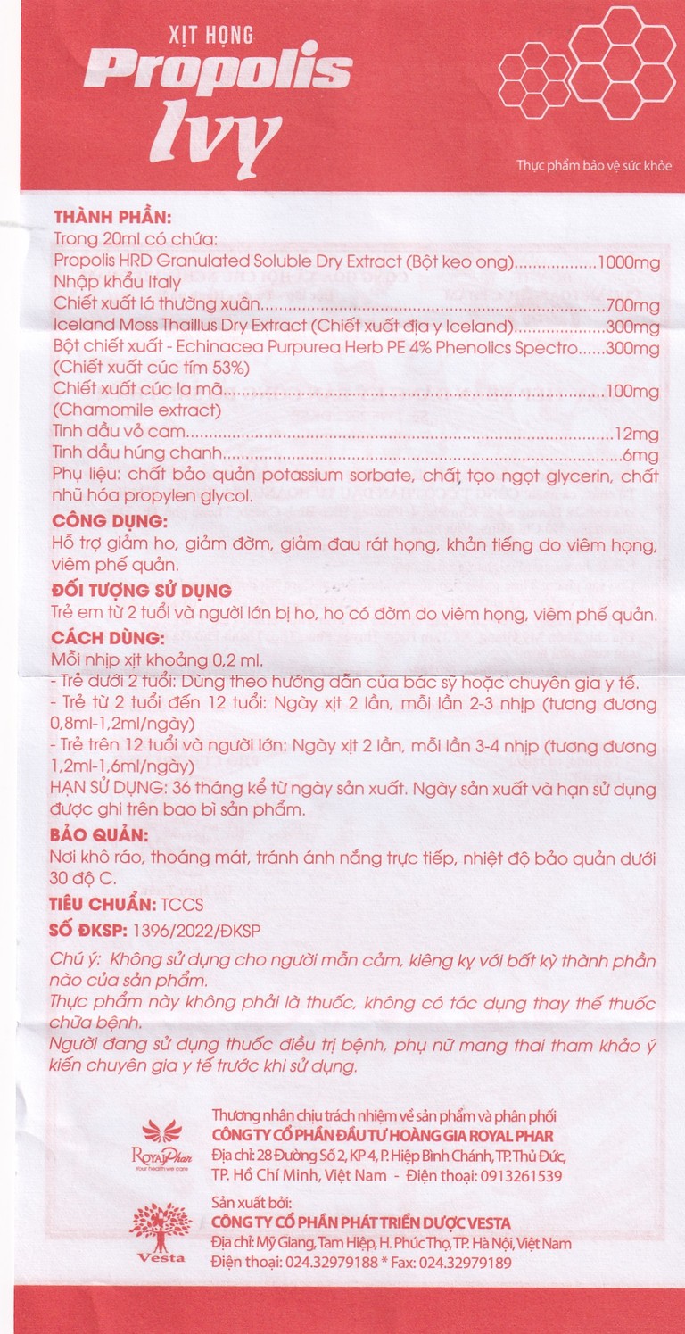 Xịt họng Propolis Ivy Royal Care giảm ho, đờm, đau rát họng, khản tiếng do viêm họng, viêm phế quản (20ml)