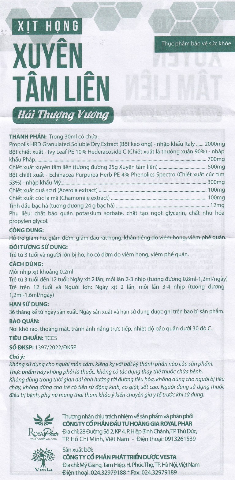 Xịt họng Xuyên Tâm Liên Hải Thượng Vương hỗ trợ giảm ho, giảm đờm, giảm đau rát họng, khàn tiếng (30ml)