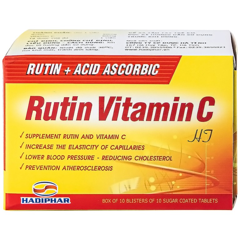 Thuốc Rutin Vitamin C Hadiphar tăng sức bền thành mao mạch, điều trị chứng giãn tĩnh mạch (10 vỉ x 10 viên)