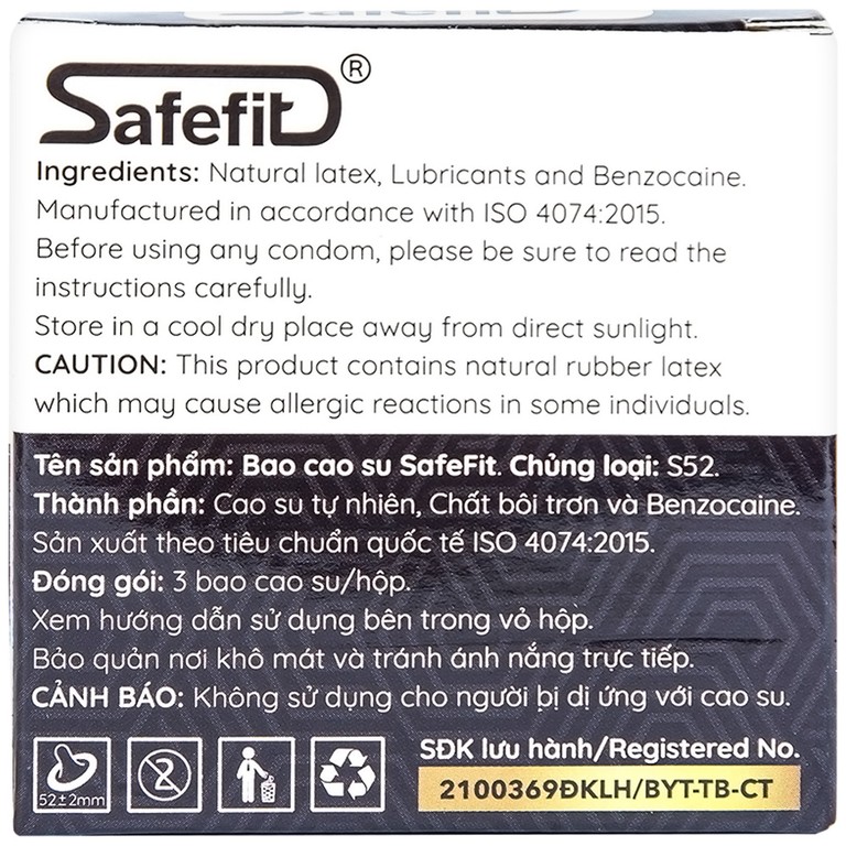 Bao cao su Safefit Dots Long Lasting S52 có vòng gân, hạt nổi, thắt chống tuột (3 cái)