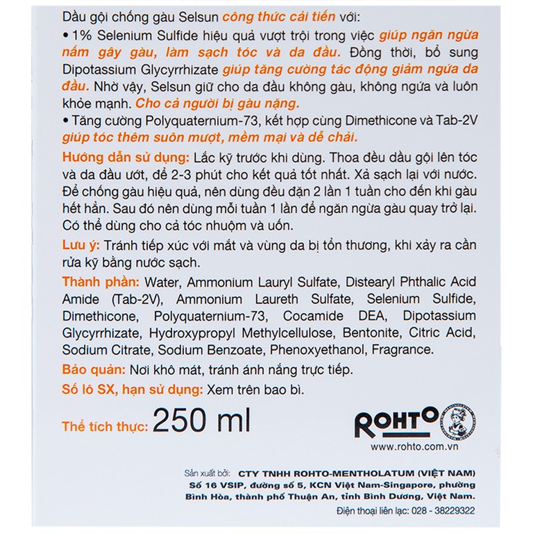 Dầu gội chống gàu Selsun Rohto hỗ trợ ngăn ngừa và cải thiện tình trạng gàu, dưỡng tóc khỏe mạnh (250ml)