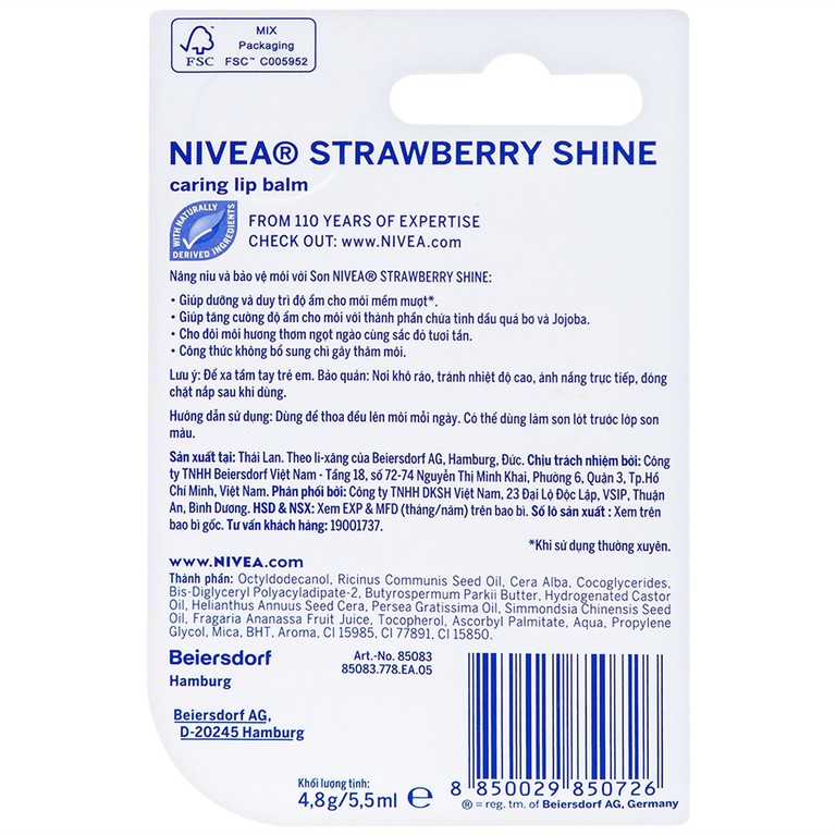 Son dưỡng ẩm Nivea Strawberry Shine giúp dưỡng môi mịn màng, cung cấp độ ẩm tự nhiên (4.8g)