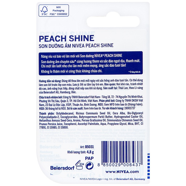 Son dưỡng ẩm Nivea Peach Shine 4.8g dưỡng môi mềm mại (4.8g)