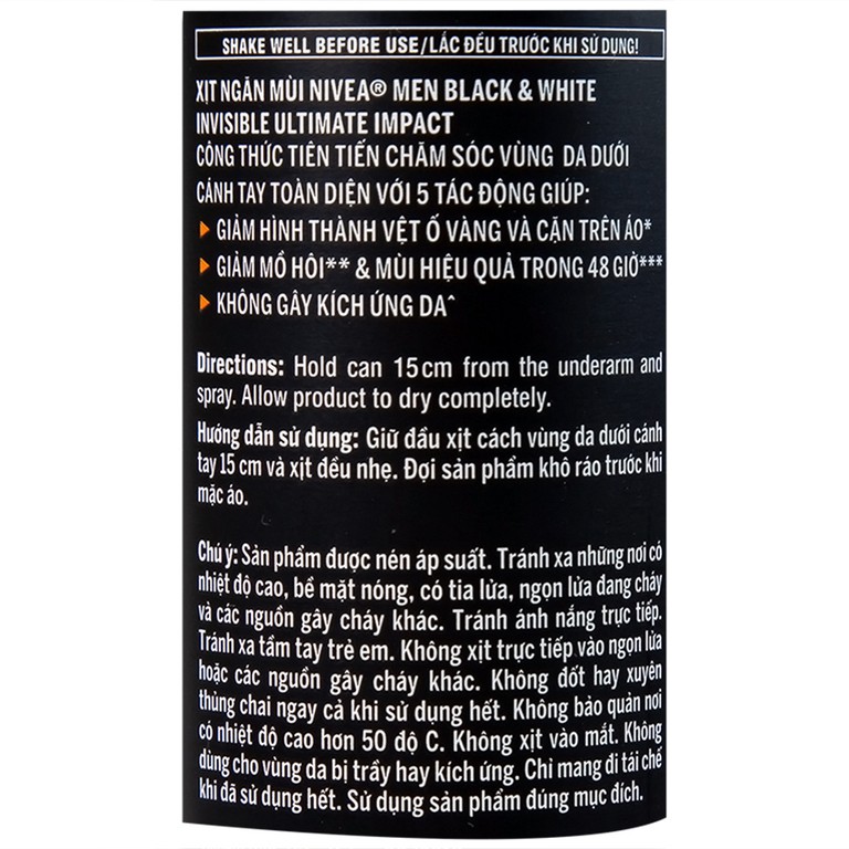 Xịt ngăn mùi Nivea Men Black & White Invisible Ultimate Impact giảm vết ố vàng, mồ hôi và mùi trong 48h (150ml) 