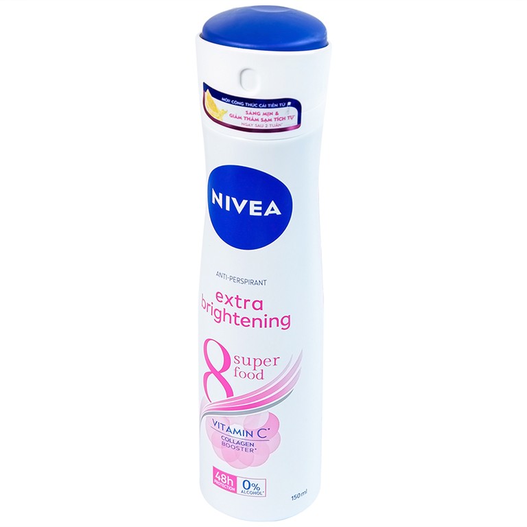 Xịt khử mùi Nivea Anti-Perspirant Extra Brightening 8 Super Food giảm tiết mồ hôi, ngăn mùi đến 48h (150ml) 