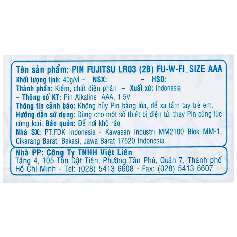Pin Fujitsu Alkaline LR03 (2B) FU-W-FI - AAA (Vỉ 2 cục)