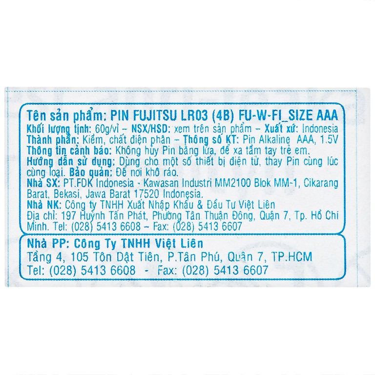 Pin Fujitsu Alkaline LR03 (4B) FU-W-FI - AAA (Vỉ 4 cục)
