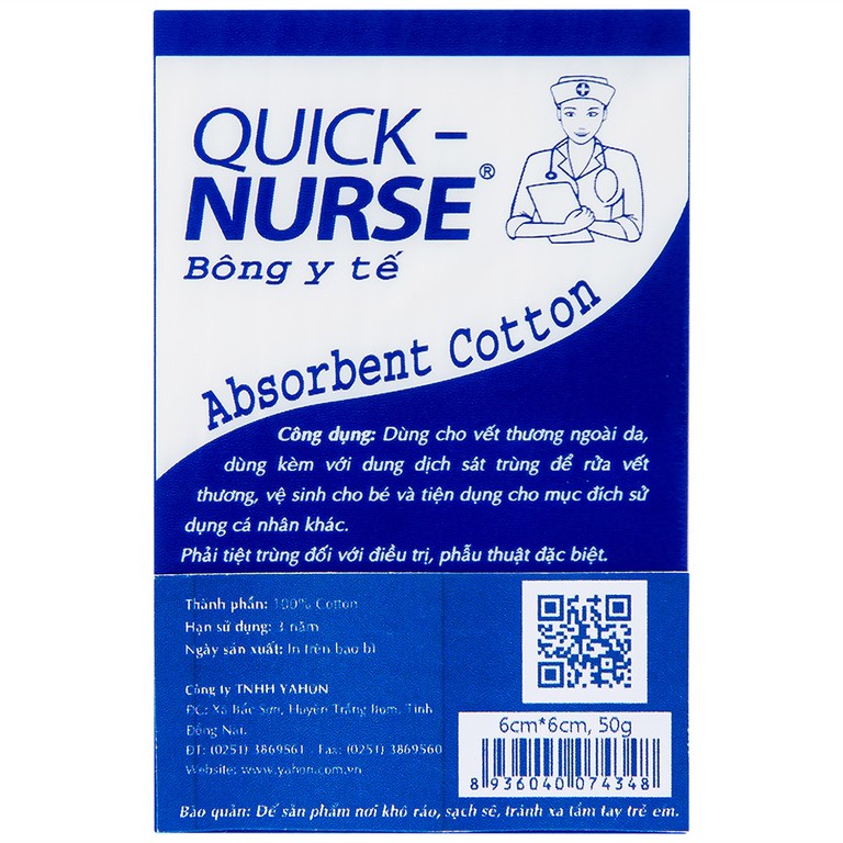 Bông y tế Quick Nurse 6cm x 6cm (50g) dùng cho vết thương ngoài da, sát trùng, vệ sinh cho bé