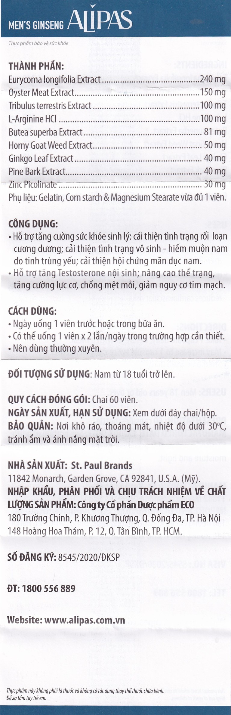 Viên uống Men’s Ginseng Alipas Ecogreen cải thiện rối loạn cương dương (60 viên)