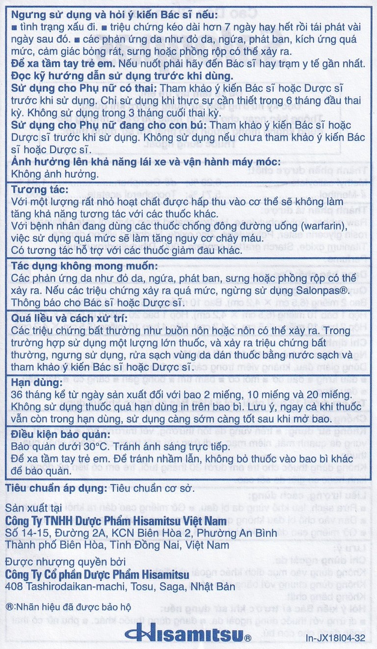 Cao dán Salonpas Hisamitsu giảm đau vai, đau lưng, đau cơ (24 gói x 10 miếng)