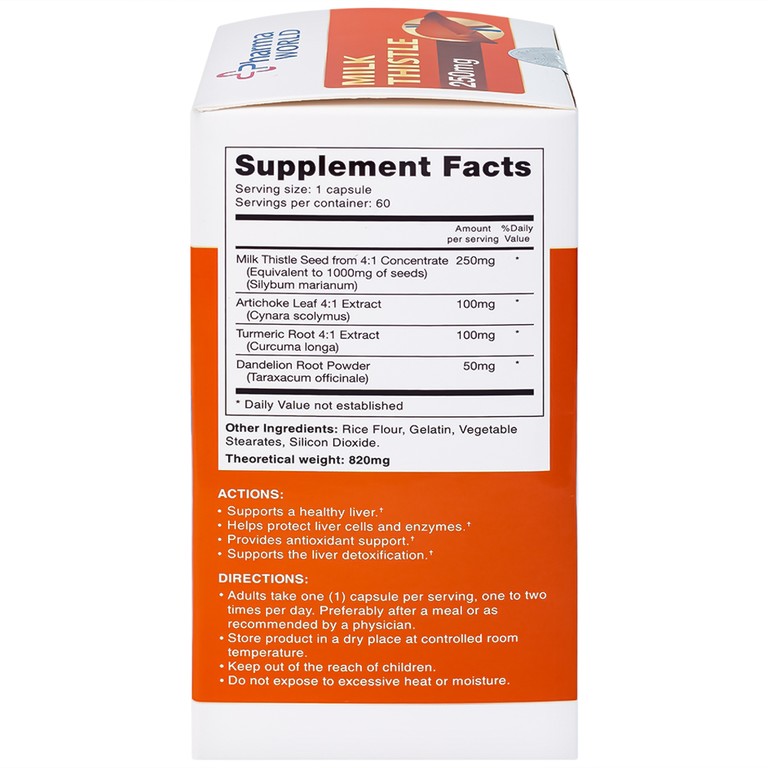 Viên uống Milk Thistle Pharma World hỗ trợ chống oxy hóa, giải độc gan (60 viên)