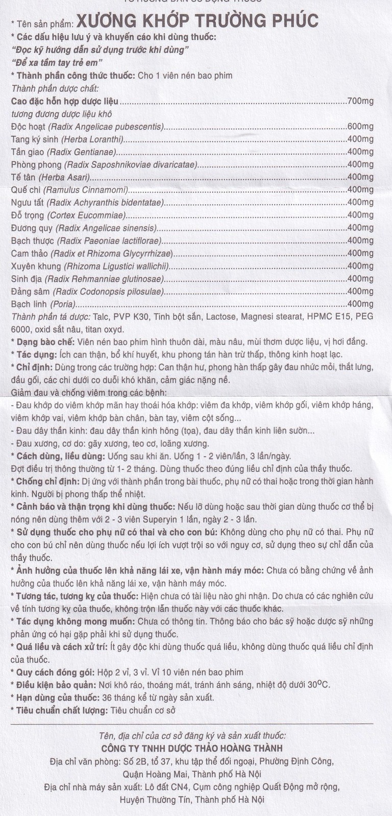 Thuốc Xương Khớp Trường Phúc điều trị các bệnh lý cơ xương khớp và đau dây thần kinh (2 vỉ x 10 viên)