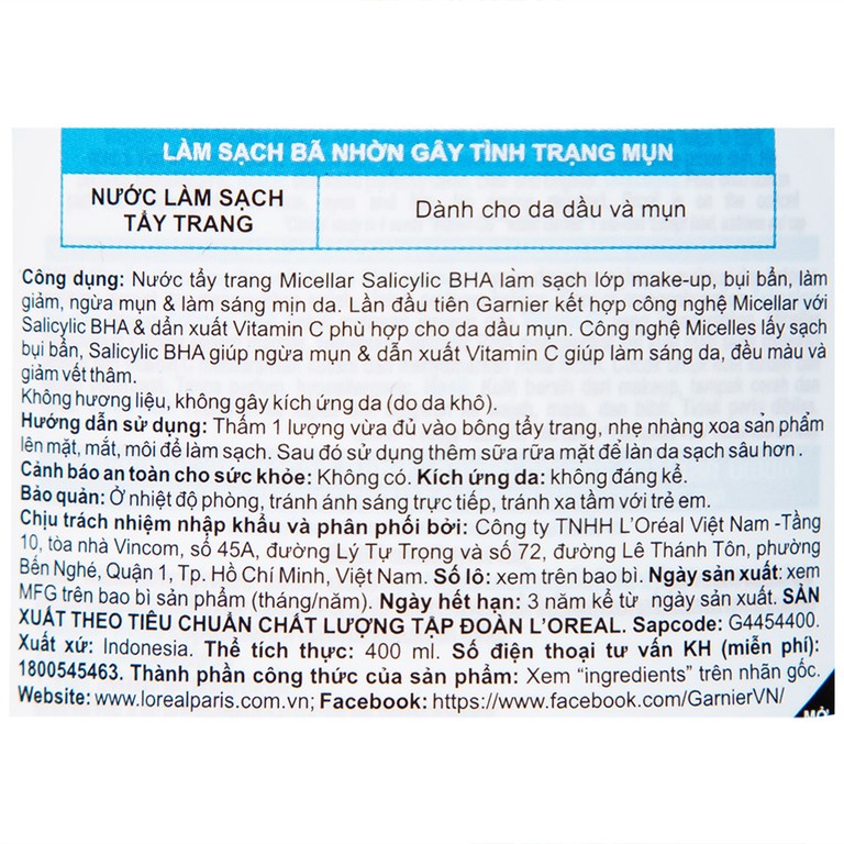 Nước tẩy trang Garnier Skin Naturals Micellar dành cho da dầu và da mụn (400ml)