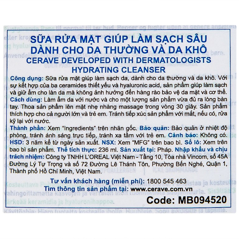 Sữa rửa mặt dành cho da thường và da khô Cerave Hydrating Cleanser (236ml)