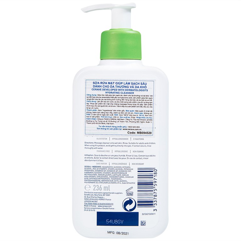 Sữa rửa mặt dành cho da thường và da khô Cerave Hydrating Cleanser (236ml)