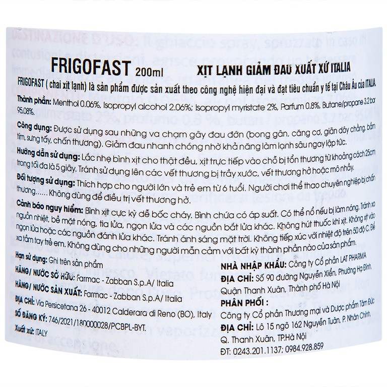 Chai xịt lạnh Frigofast Spray giảm đau bong gân, căng cơ, giãn dây chằng (200ml)