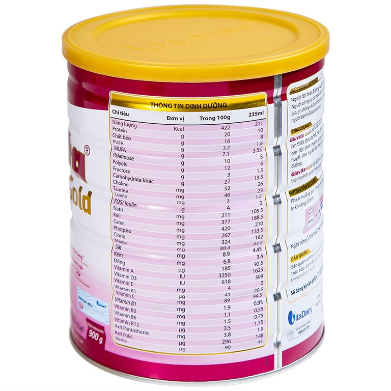 Sữa bột Gluvita Gold Vitadairy bổ sung dinh dưỡng cho người đái tháo đường, tiền đái tháo đường (900g)