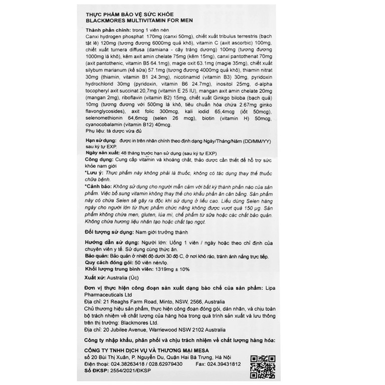 Viên uống Blackmores Multivitamin For Men cung cấp vitamin, khoáng chất (50 viên)