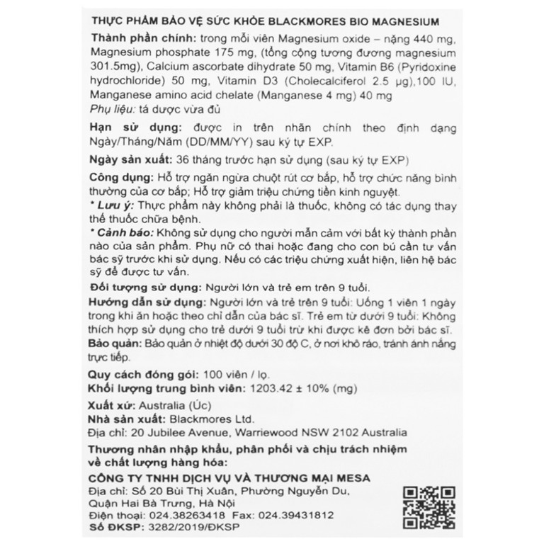 Viên uống Blackmores Bio Magnesium hỗ trợ cơ bắp, giảm triệu chứng tiền kinh nguyệt (100 viên)