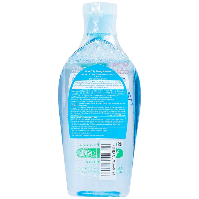 Nước tẩy trang Micellar All Clear Water Fresh Senka giúp làm sạch lớp trang điểm khó trôi, bụi bẩn, bã nhờn (230ml)