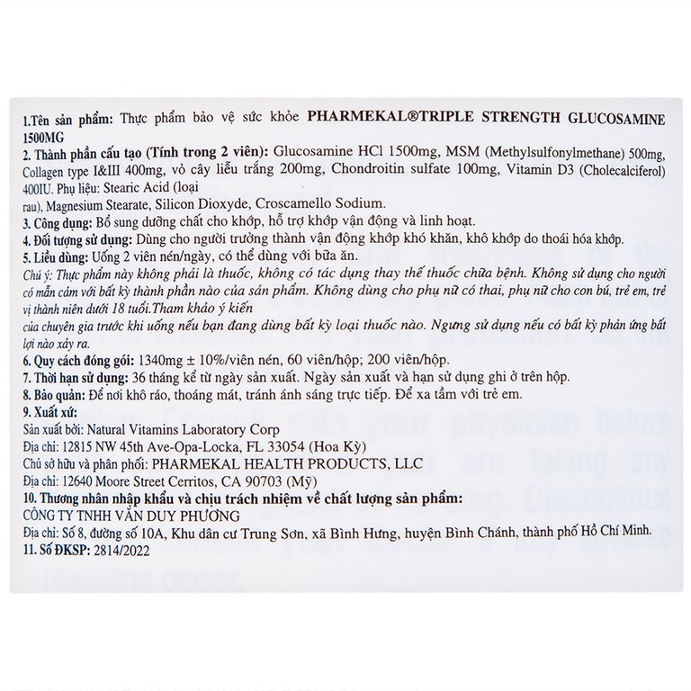 Viên uống Triple Strength Glucosamine 1500mg Pharmekal bổ sung dưỡng chất cho khớp (200 viên)