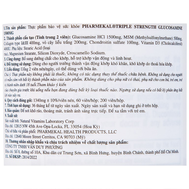 Viên uống Triple Strength Glucosamine 1500mg Pharmekal bổ sung dưỡng chất cho khớp (60 viên)