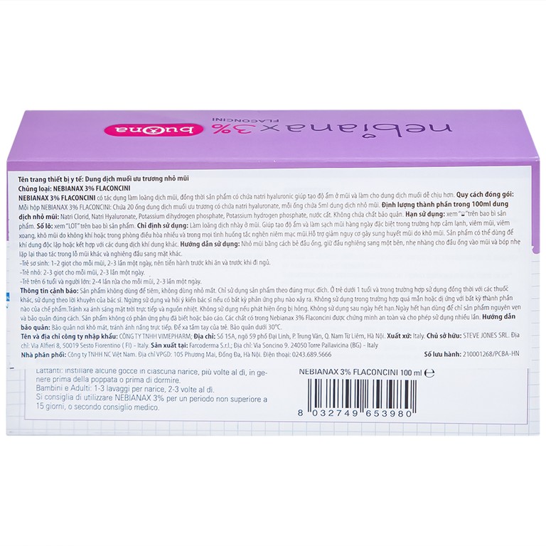 Dung dịch muối ưu trương nhỏ mũi Buona Nebianax 3% làm loãng dịch nhầy ở mũi (20 ống)
