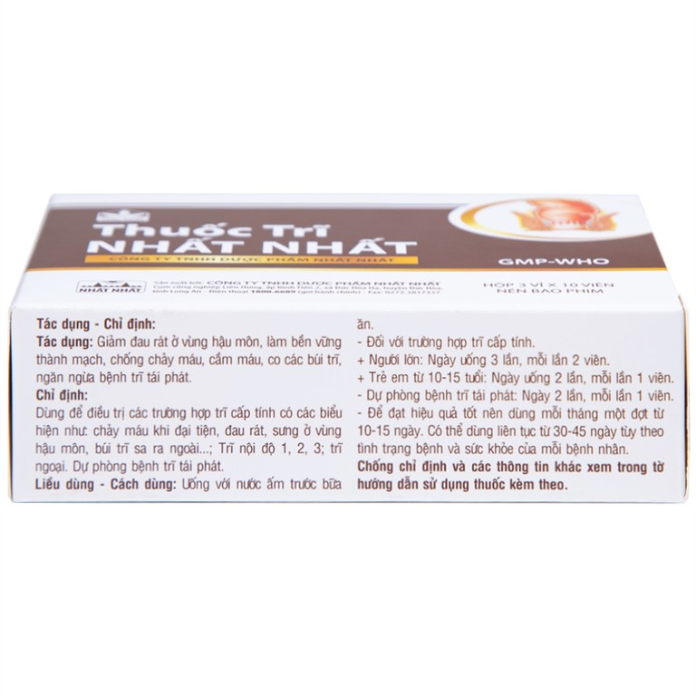 Thuốc Trĩ Nhất Nhất giảm đau rát hậu môn, làm bền vững thành mạch, điều trị các trường hợp trĩ cấp tính (3 vỉ x 10 viên)
