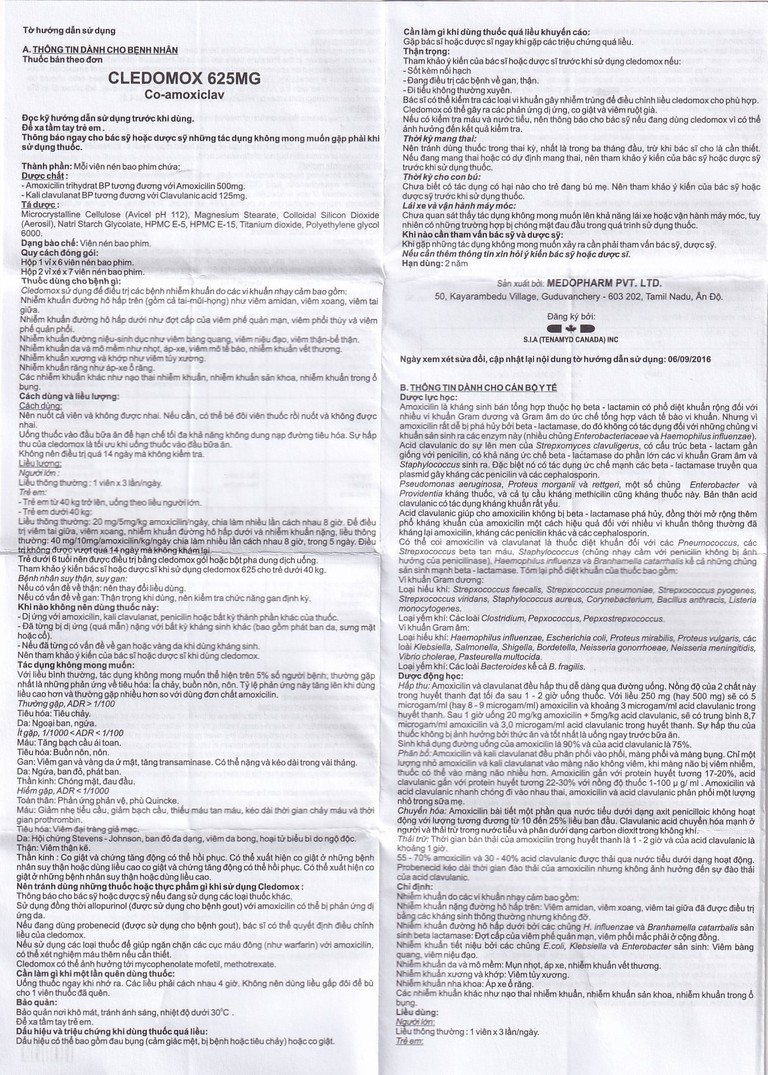 Thuốc Cledomox 625 Tenamyd điều trị các trường hợp nhiễm khuẩn (2 vỉ x 7 viên)