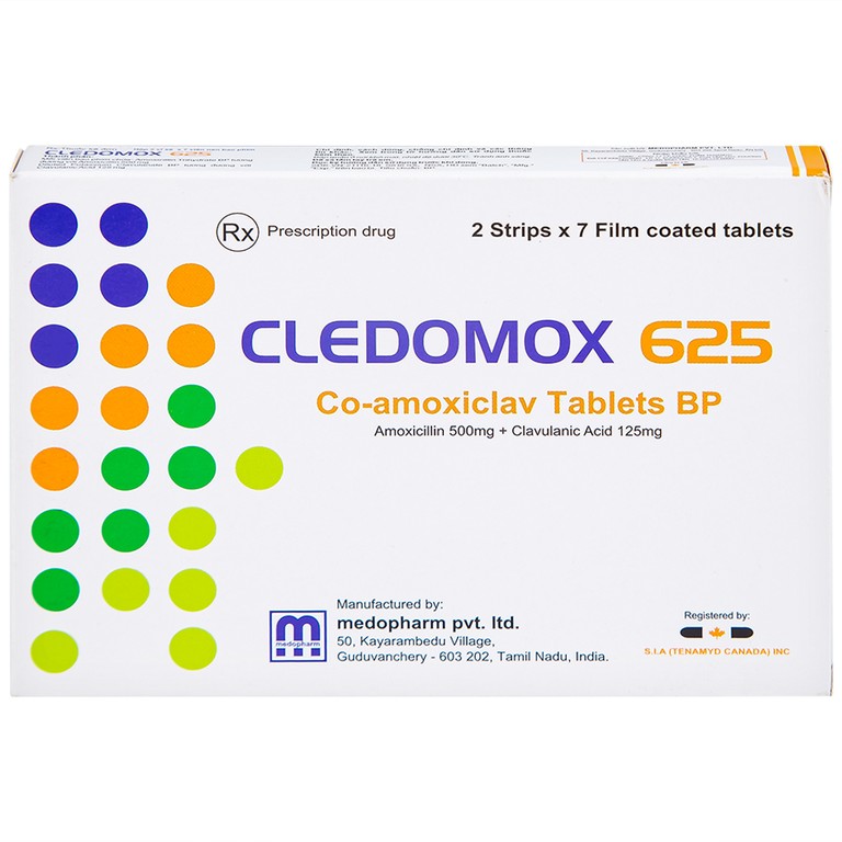 Thuốc Cledomox 625 Tenamyd điều trị các trường hợp nhiễm khuẩn (2 vỉ x 7 viên)
