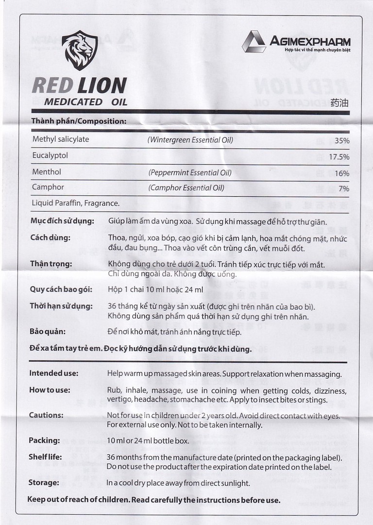 Dầu gió lăn Red Lion Medicated Oil White Agimexpharm ấm da vùng xoa, sử dụng massage hỗ trợ thư giãn (24ml)